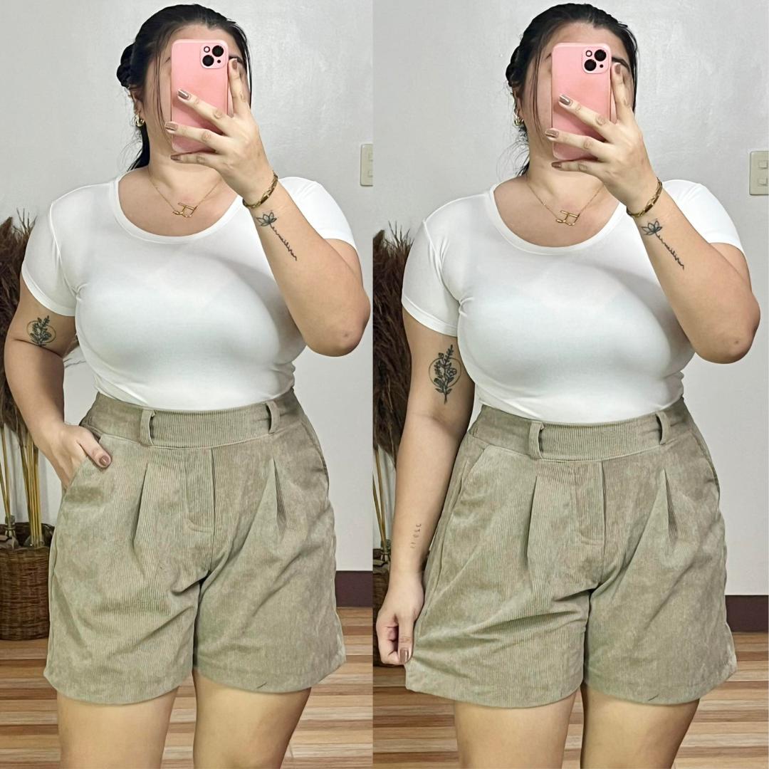 Arspire Fashion Casual Plus Size High Waist Corduroy Shorts with Belt Loops - Taupe