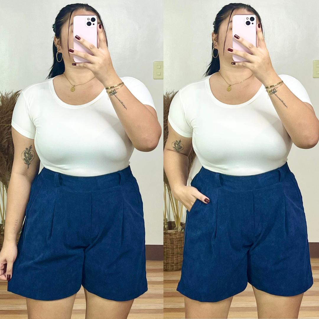 Arspire Fashion Casual Plus Size High Waist Corduroy Shorts with Belt Loops - Navy Blue