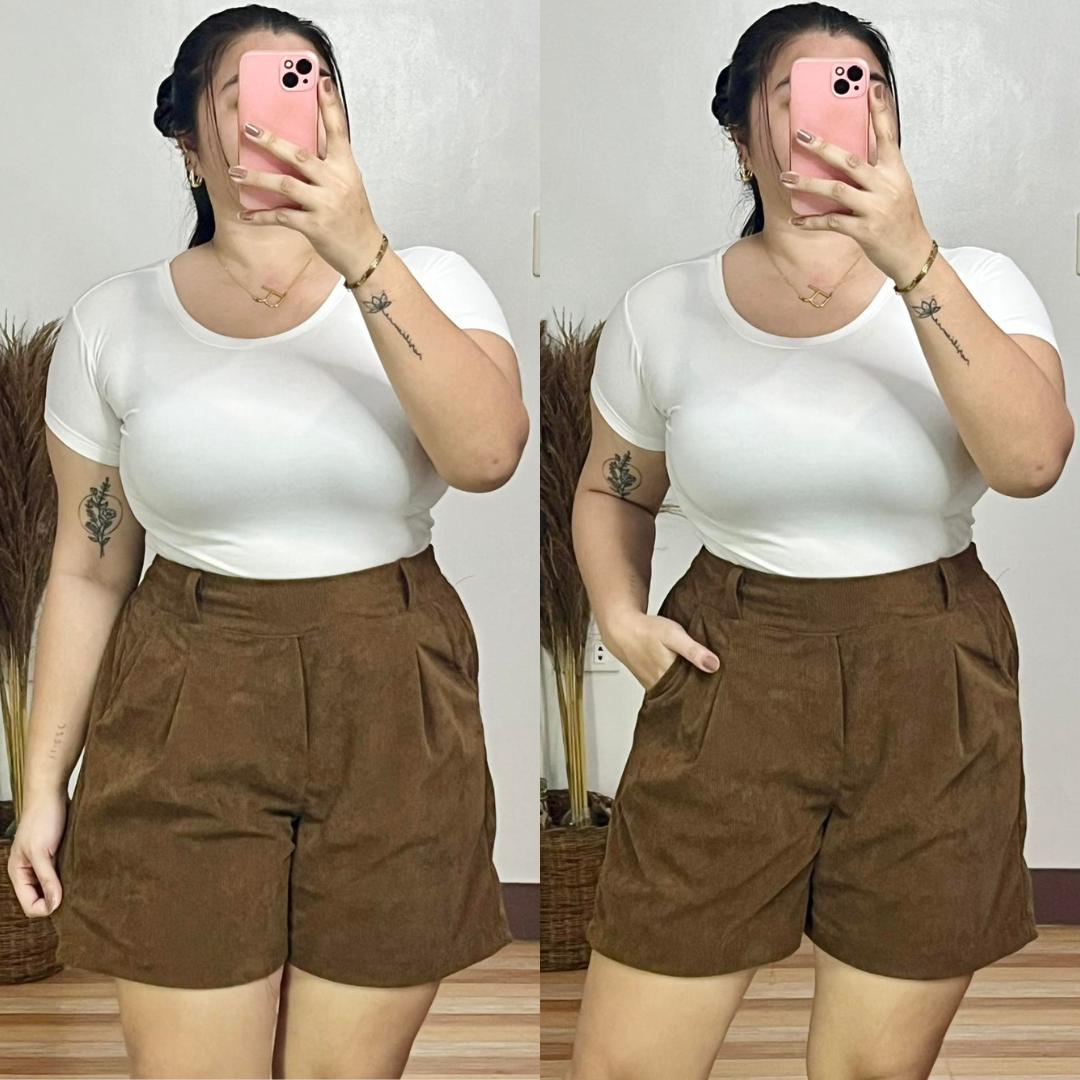 Arspire Fashion Casual Plus Size High Waist Corduroy Shorts with Belt Loops - Brown