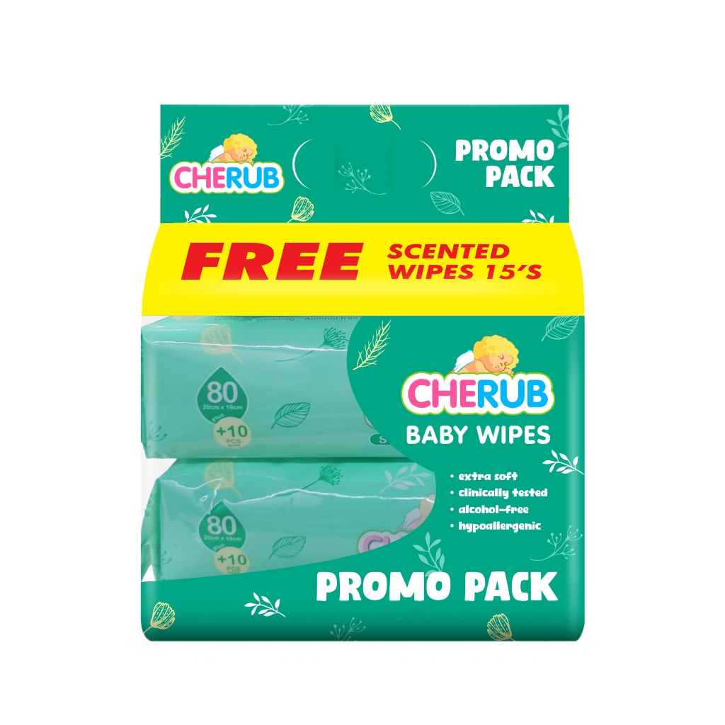 Cherub Baby Wipes Scented Promo Pack (2packs 80's Scented + 1pack 15's Scented)