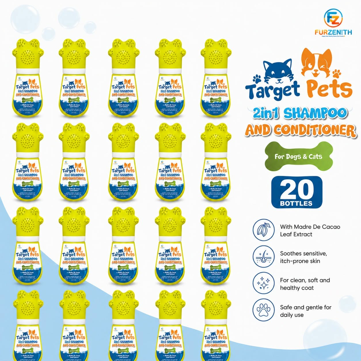 Target Pets 2 in 1 shampoo and conditioner for dogs and cats with Madre de cacao leaf extractBundle 20
