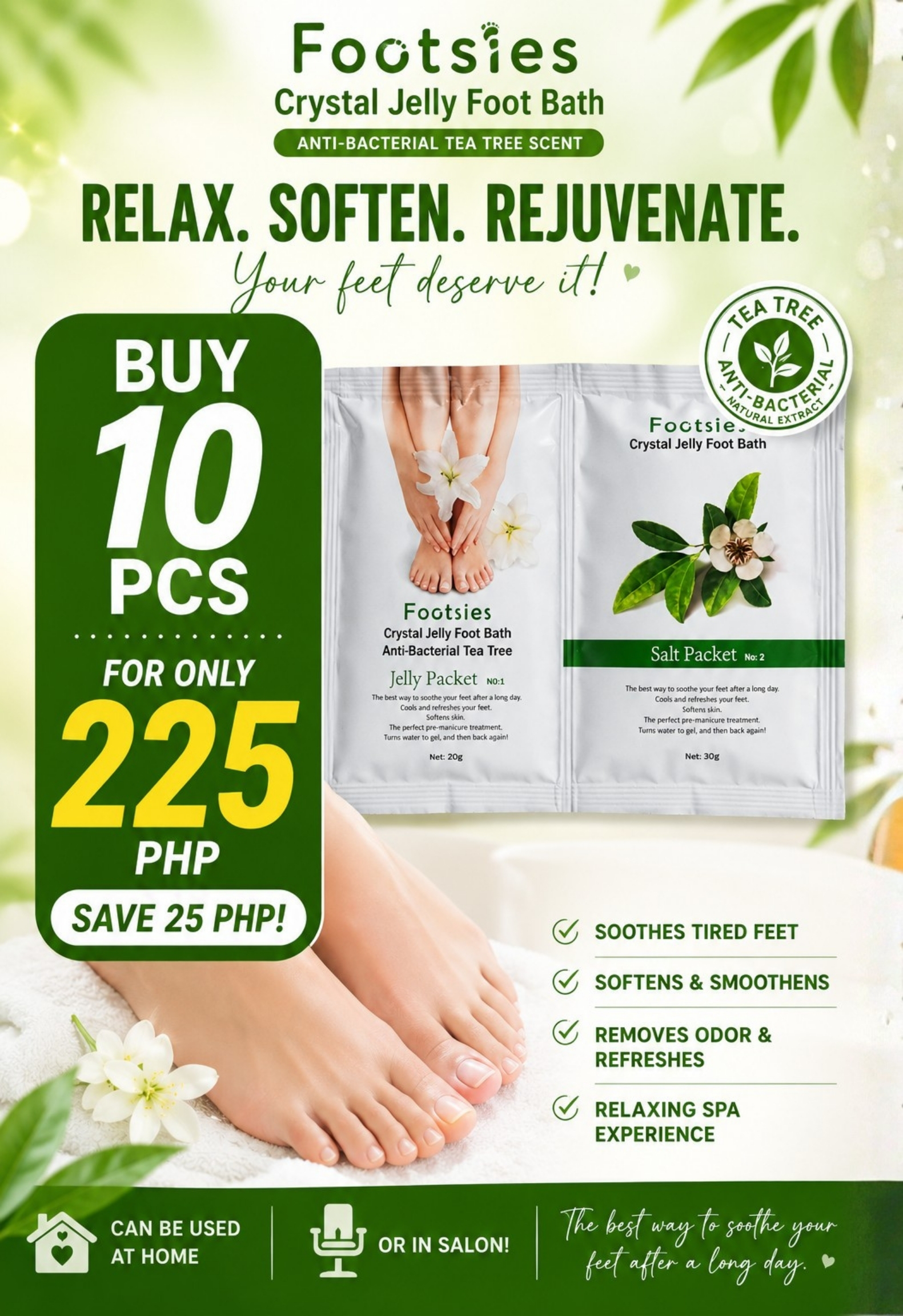 Footsies Crystal Jelly Foot Bath Anti-Bacterial Tea Tree BUY 10 BUNDLE