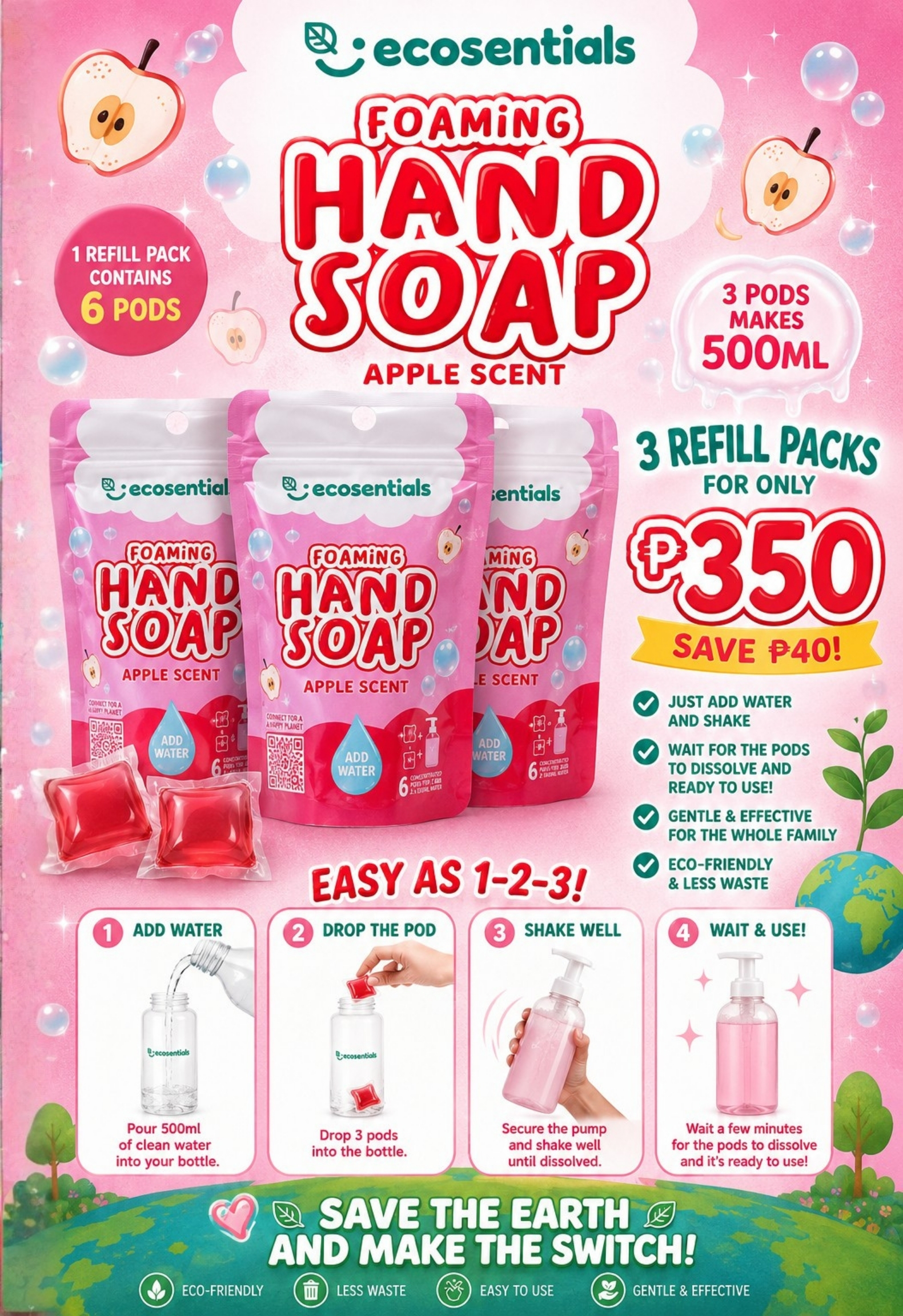 Ecosentials Foaming Hand Soap Pods Refill Pack Apple BUY 3 BUNDLE