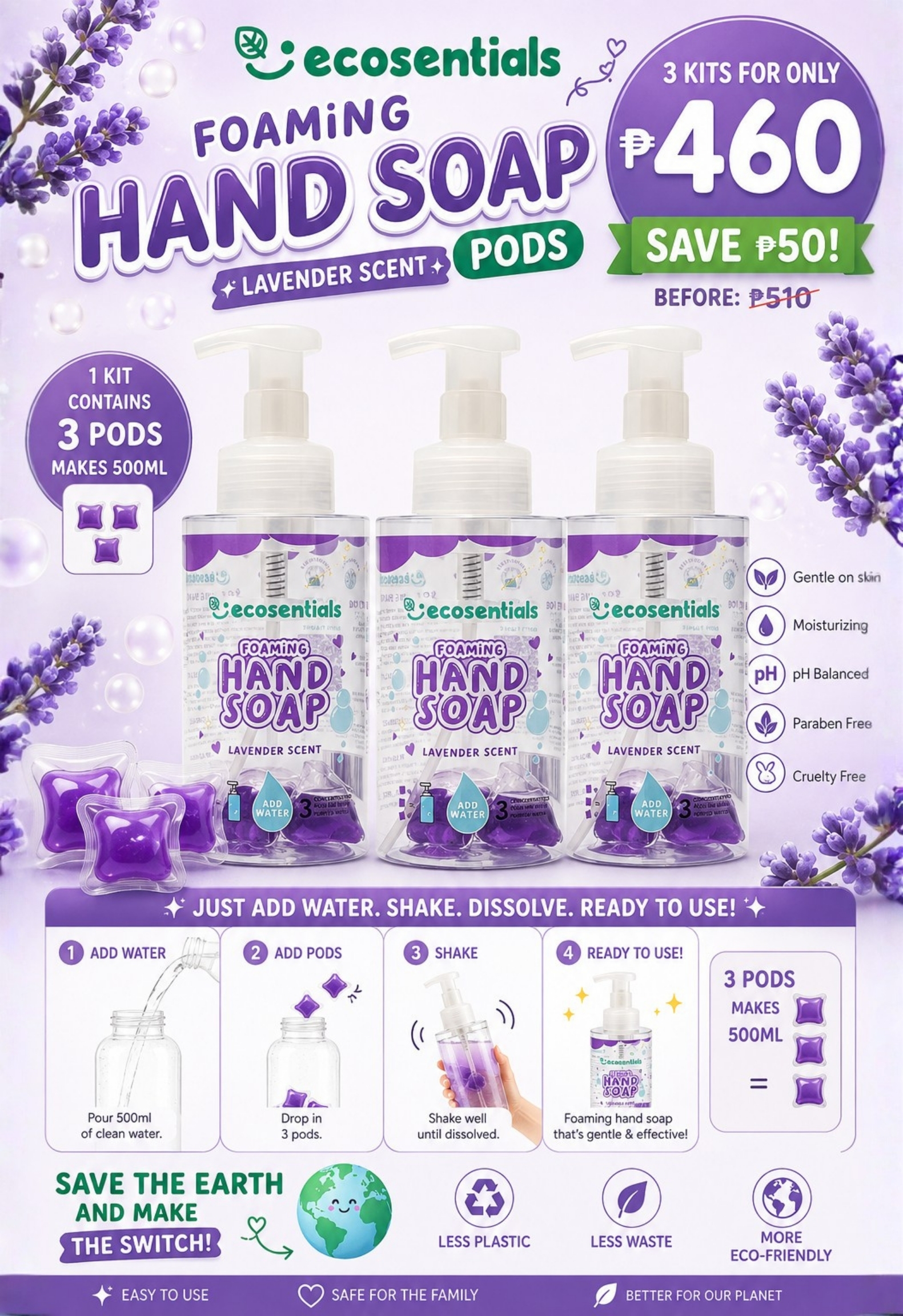 Ecosentials Foaming Hand Soap Pods 500ML Starter Kit Lavender BUY 3 BUNDLE