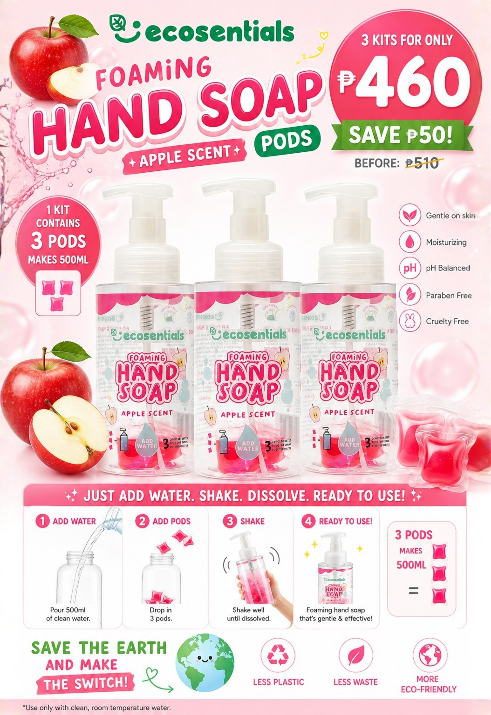 Ecosentials Foaming Hand Soap Pods 500ML Starter Kit Apple BUY 3 BUNDLE