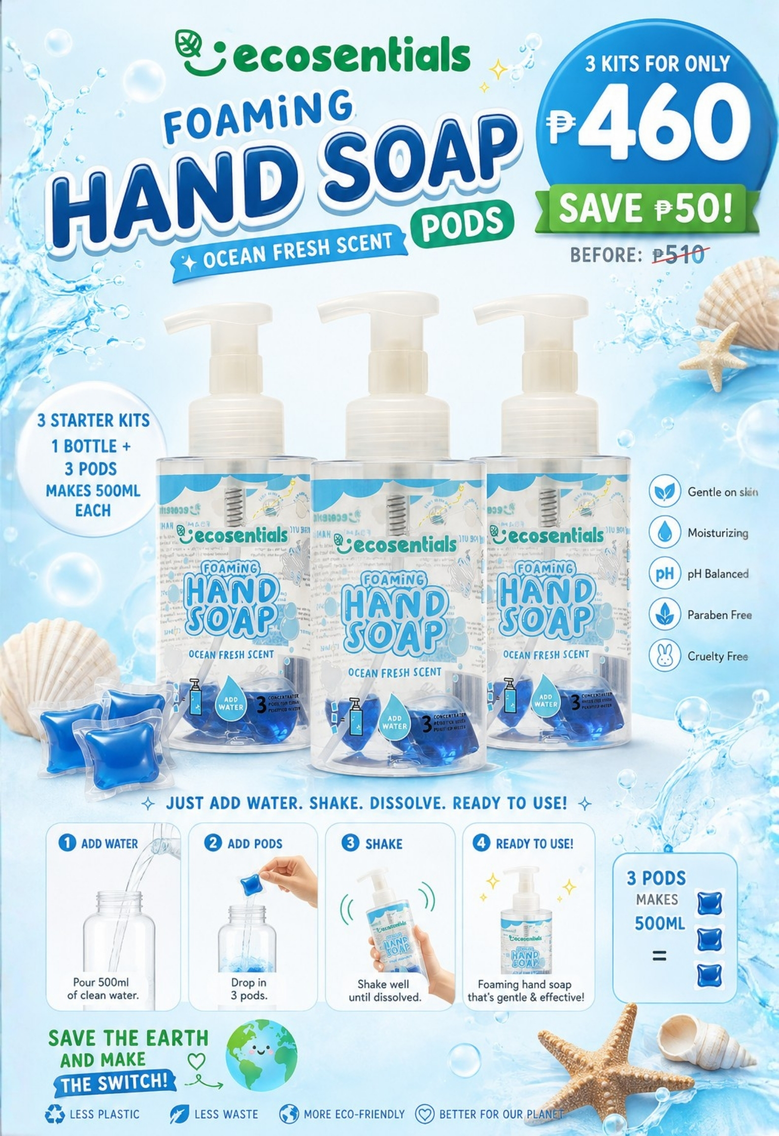 Ecosentials Foaming Hand Soap Pods 500ML Starter Kit Ocean Fresh BUY 3 BUNDLE