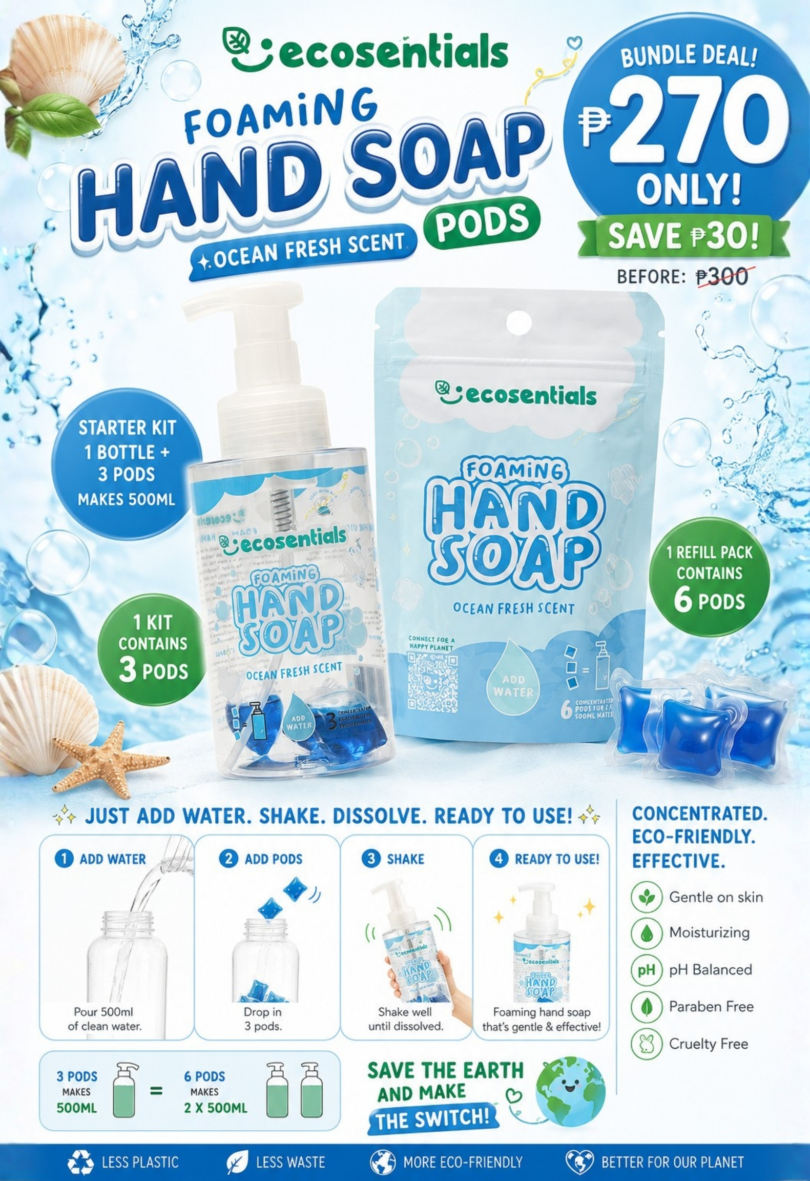 Ecosentials Foaming Hand Soap Pods 500ML Starter Kit + Refill pack Ocean Fresh BUY PARTNER BUNDLE