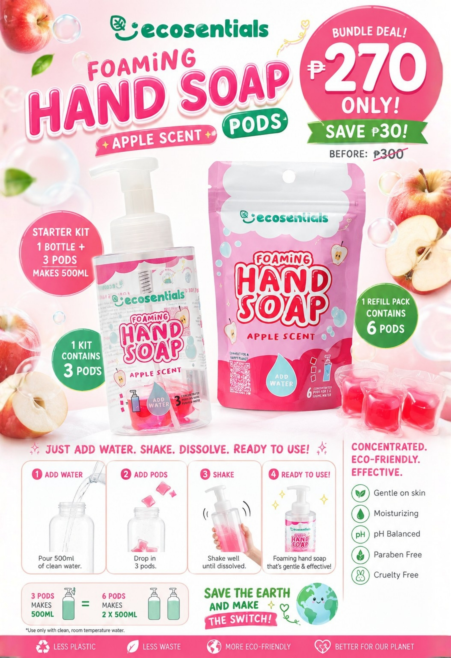 Ecosentials Foaming Hand Soap Pods 500ML Starter Kit + Refill pack Apple BUY PARTNER BUNDLE