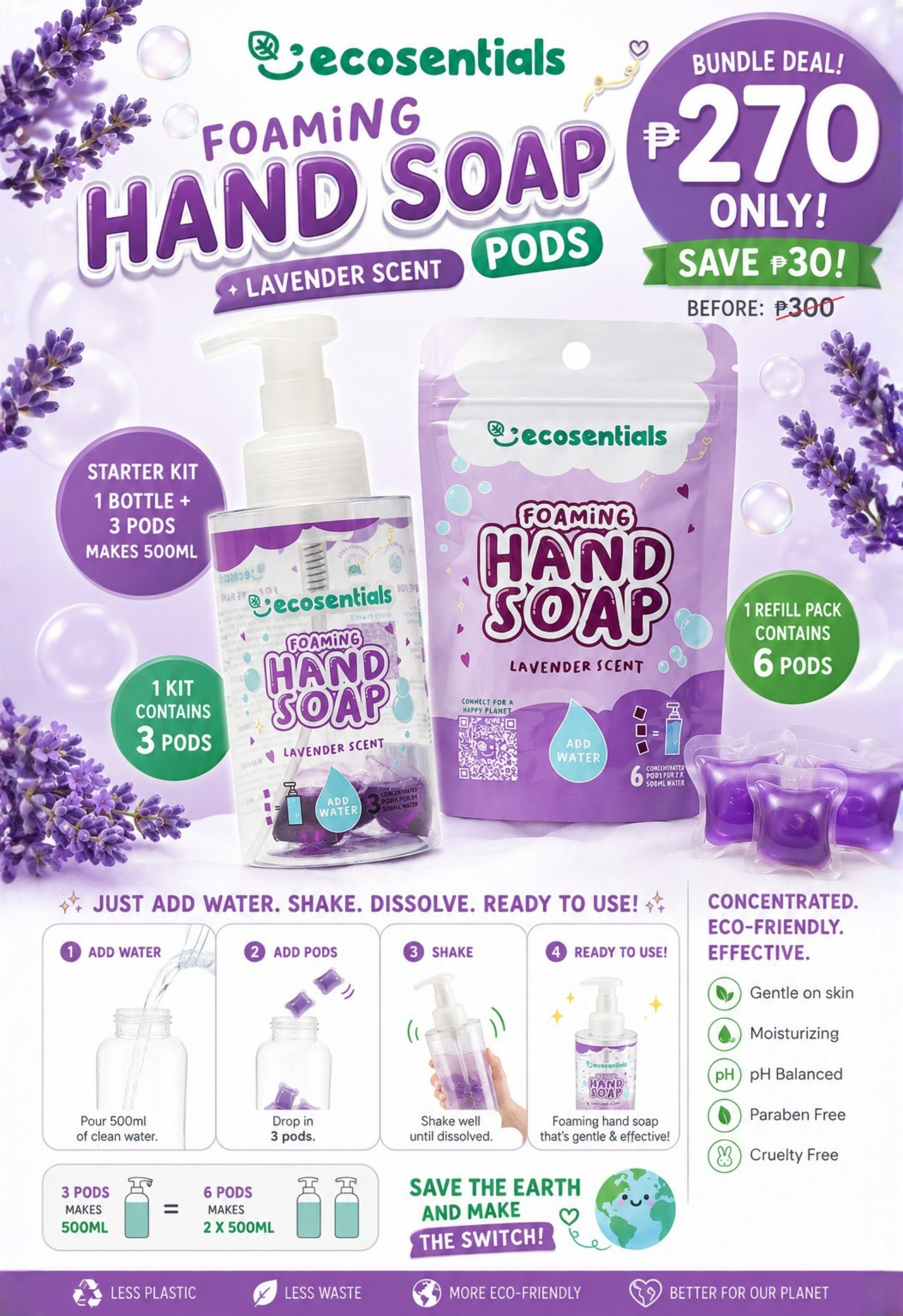 Ecosentials Foaming Hand Soap Pods 500ML Starter Kit + Refill pack Lavender BUY PARTNER BUNDLE