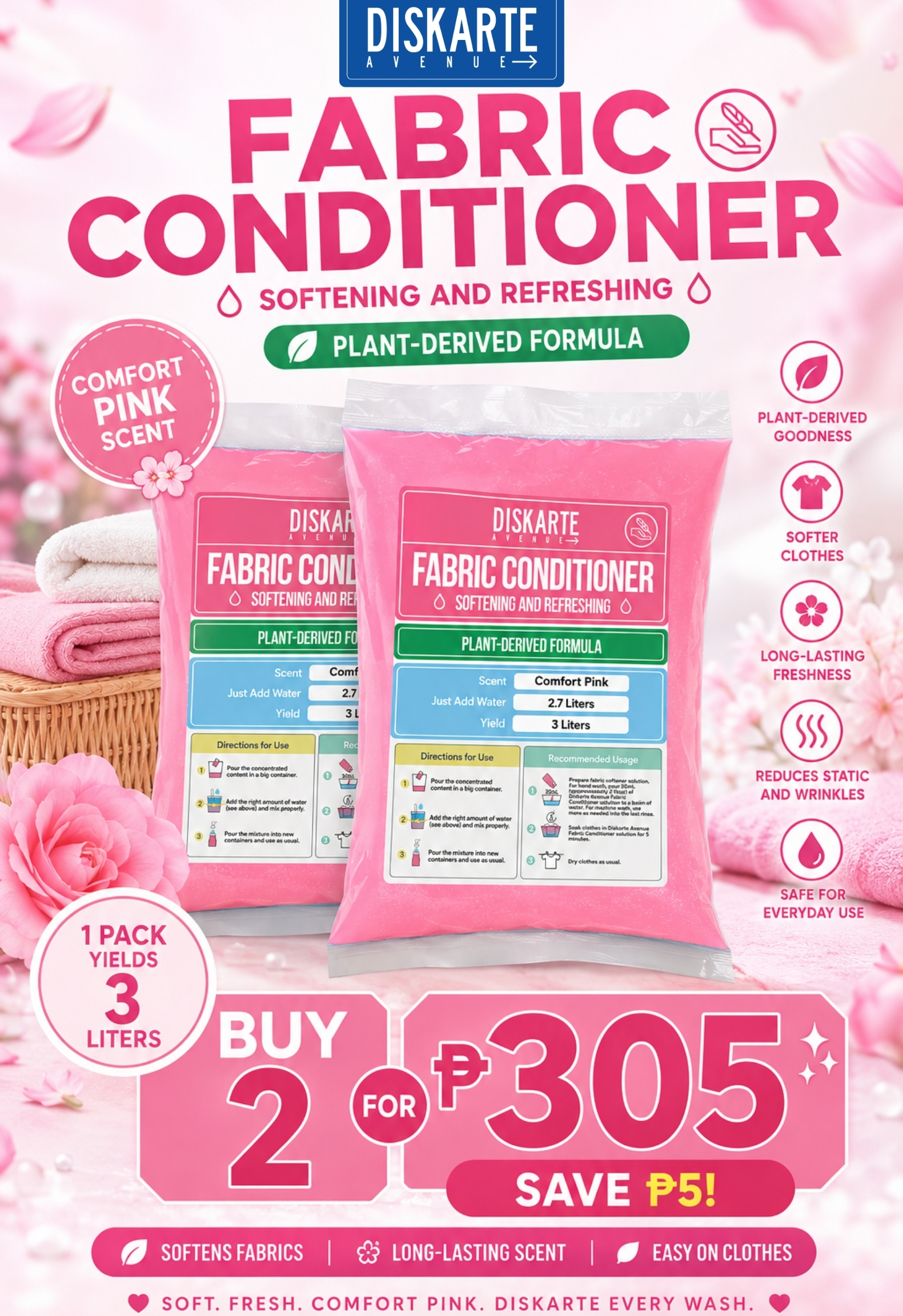 Diskarte Avenue DIY 3 Liters Fabric Conditioner Comfort Pink BUY 2 BUNDLE