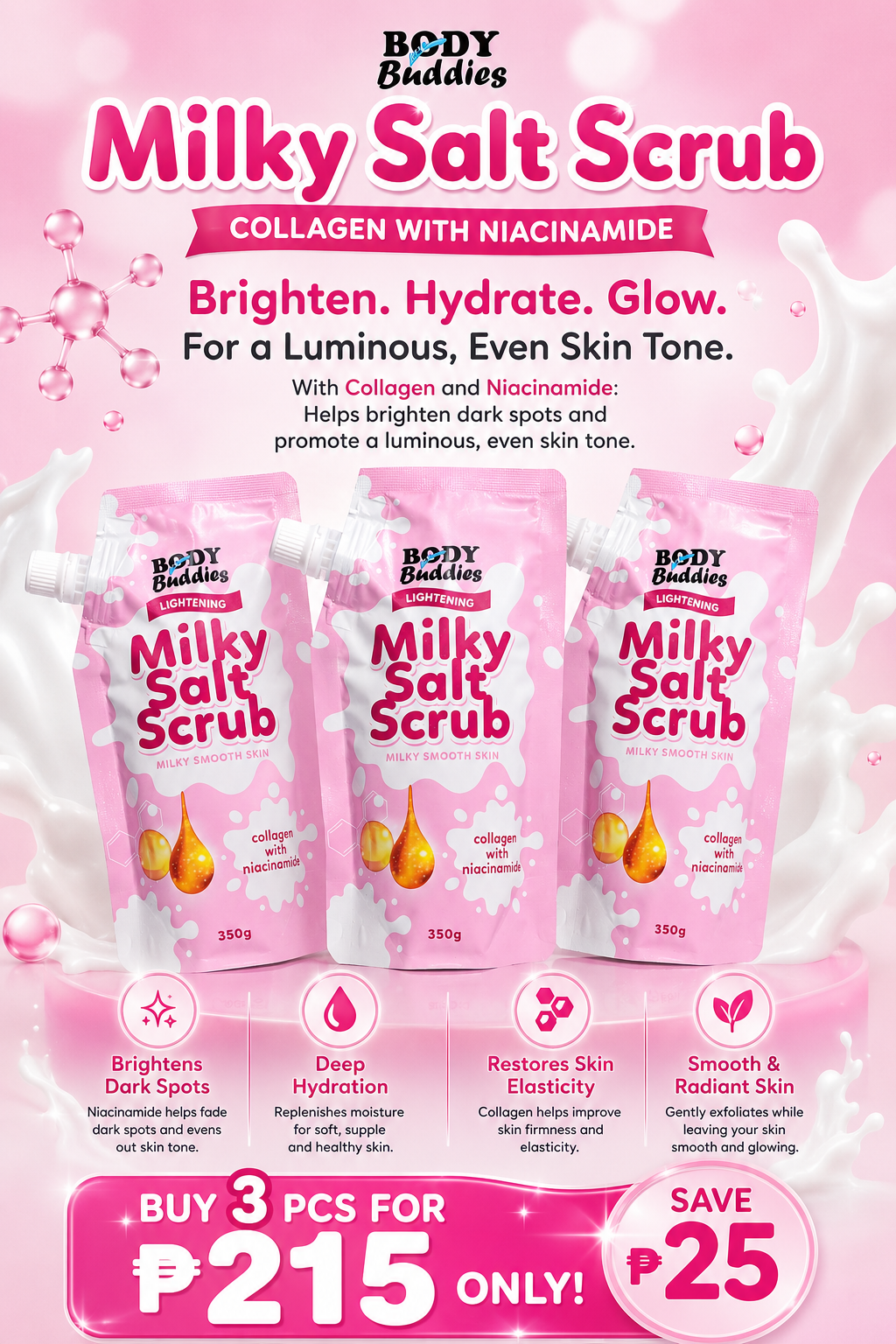 Body Buddies Milky Salt Scrub Collagen with Niacinamide BUY 3 BUNDLE