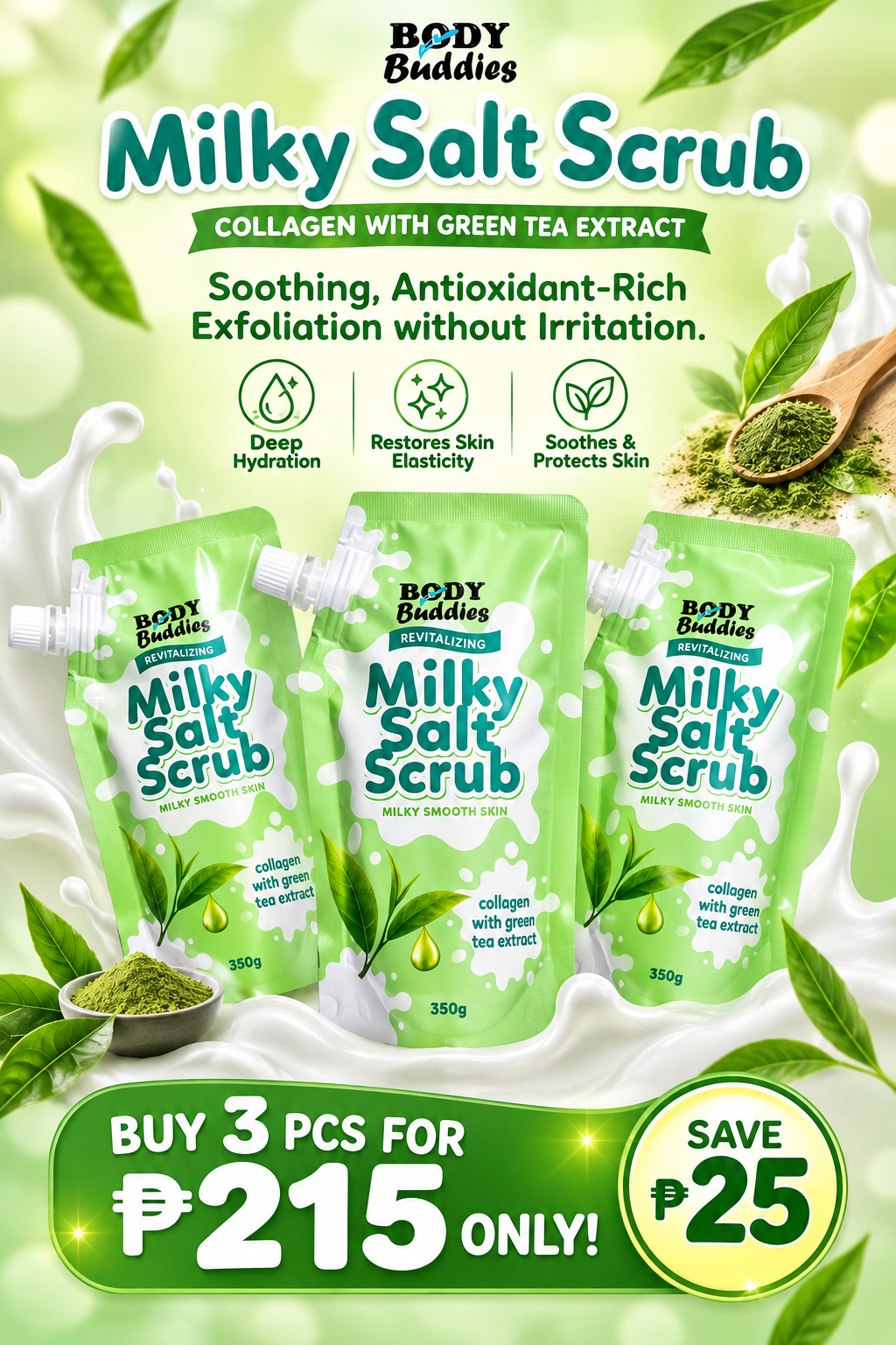 Body Buddies Milky Salt Scrub Collagen with Green Tea Extract BUY 3 BUNDLE