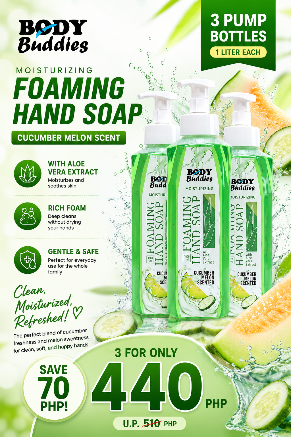 Body Buddies Foaming Hand Soap Cucumber Melon BUY 3 BUNDLE