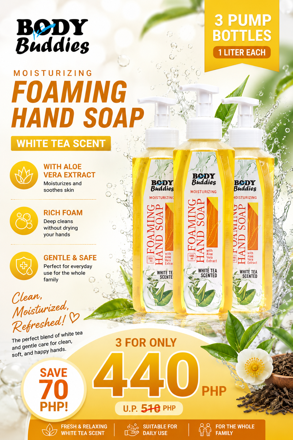 Body Buddies Foaming Hand Soap White Tea BUY 3 BUNDLE