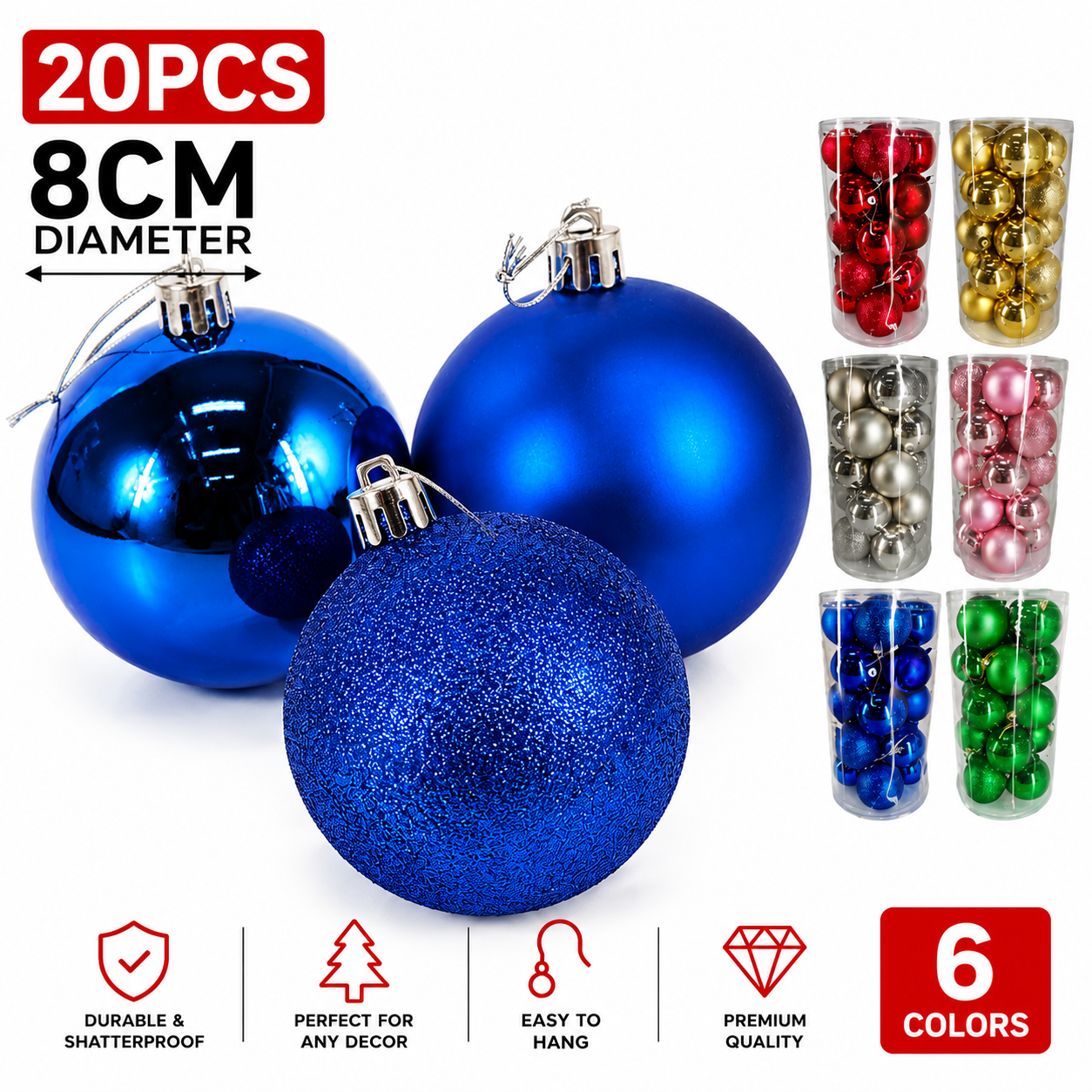 20Pcs Christmas Balls Set Decoration 8cm Ornaments 6 Colors Durable Shatterproof Easy to Hang Premium Quality BIG DISCOUNT