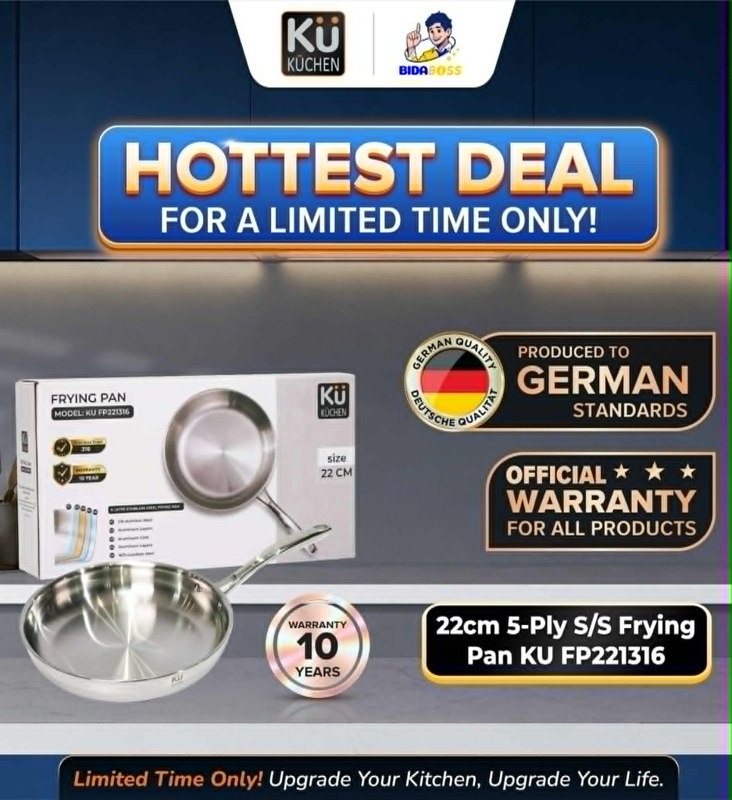 KuKuchen 22CM 5-PLY S/S FRYING PAN KU FP221316