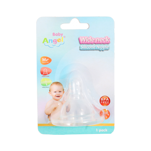 Baby Angel Wide Neck Silicone Nipple Single Pack for Babies 3-6 Months Medium Flow FDA Approved BPA Free Food Contact Grade Nitrosamine Safe Made in Thailand
