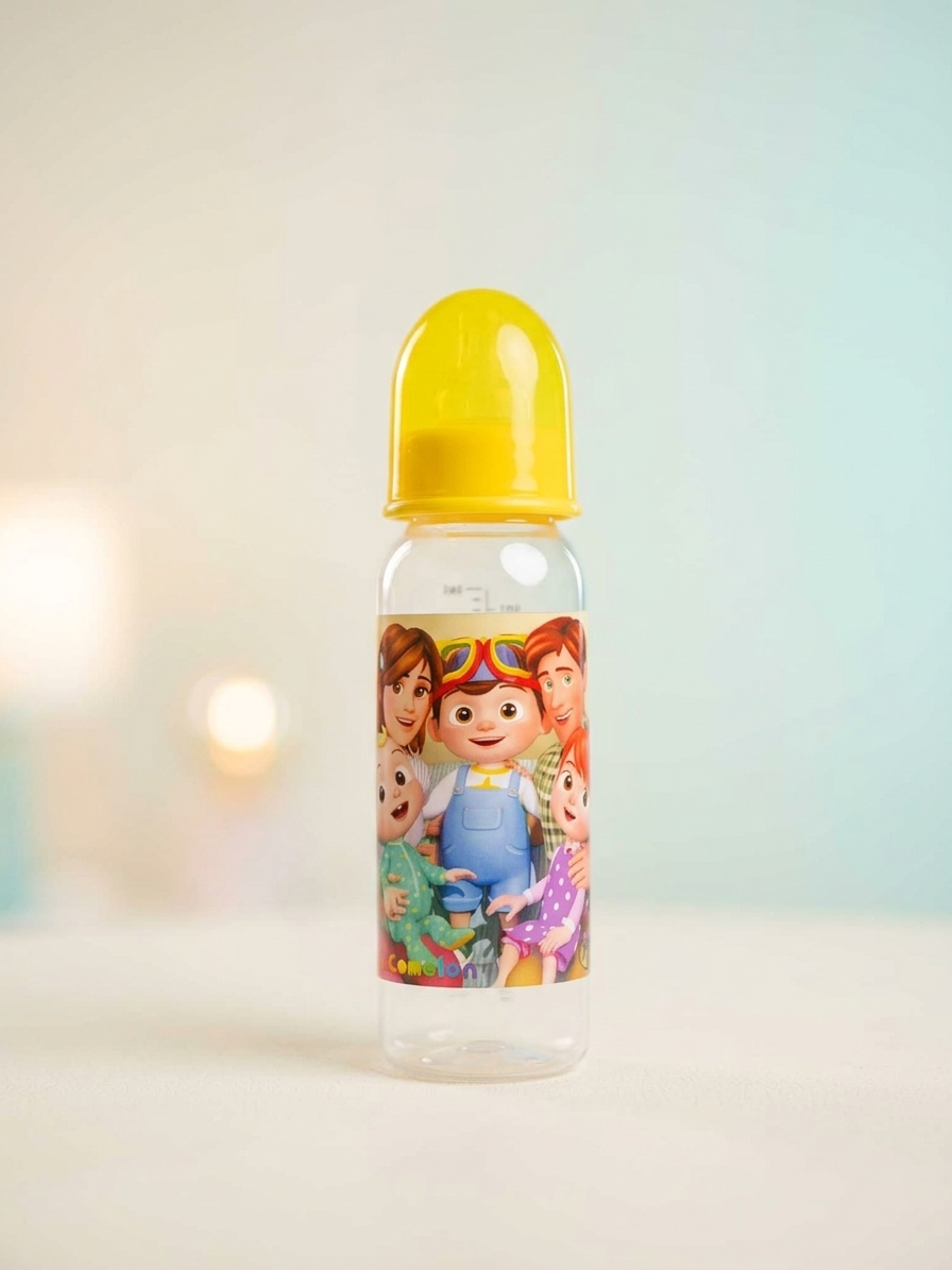 Cocomelon 8oz Feeding Bottle for Kids with Fun Design Secure Lid FDA Approved BPA Free Food Grade Silicone Rubber Anti-colic Valve System Heat-resistant up to 120°C