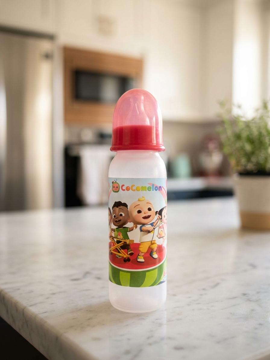 Cocomelon 8oz Feeding Bottle for Kids with Fun Design Secure Lid FDA Approved BPA Free Food Grade Silicone Rubber Anti-colic Valve System Heat-resistant up to 120°C