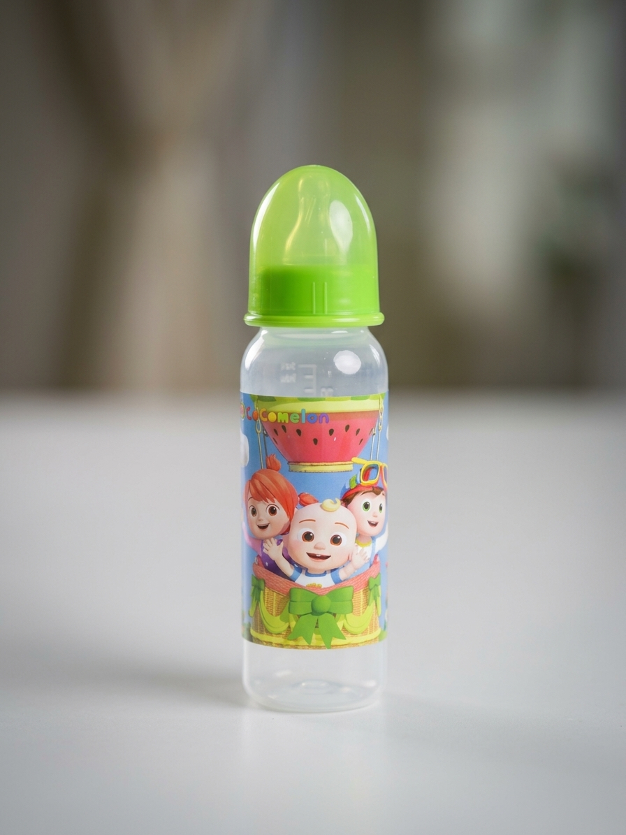 Cocomelon 8oz Feeding Bottle for Kids with Fun Design Secure Lid FDA Approved BPA Free Food Grade Silicone Rubber Anti-colic Valve System Heat-resistant up to 120°C
