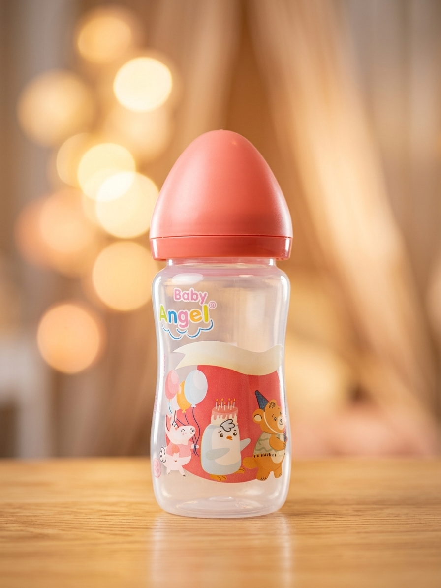 Baby Angel Feeding Bottle Jumbo 9oz - BPA Free, Anti-Colic Valve, FDA Approved, Heat Resistant up to 120°C, Ideal for Babies 6 Months Up, Food-Grade Silicone, Safe & Secure
