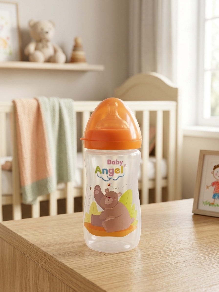 Baby Angel Feeding Bottle Jumbo 9oz - BPA Free, Anti-Colic Valve, FDA Approved, Heat Resistant up to 120°C, Ideal for Babies 6 Months Up, Food-Grade Silicone, Safe & Secure