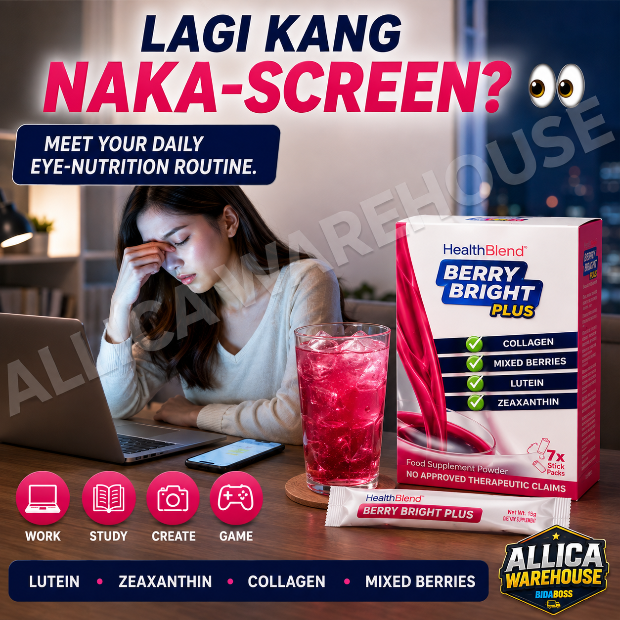 HealthBlend Berry Bright Plus Food Supplement Powder Drink with Collagen, Mixed Berries, Lutein & Zeaxanthin | 7 Stick Packs | ALLICA WAREHOUSE