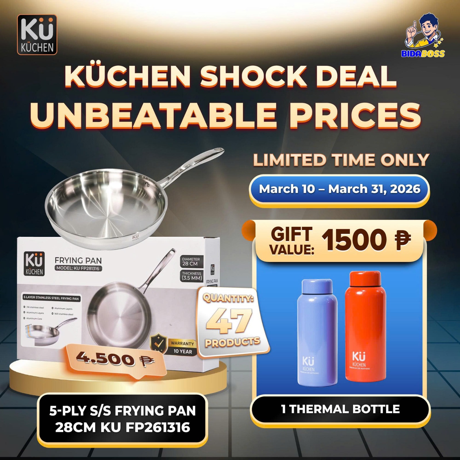 KuKuchen 5-PLY S/S FRYING PAN 28CM / 1 THERMAL TUMBLER