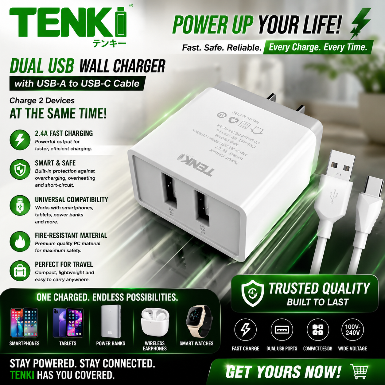 TENKI Dual USB Wall Charger Adaptor (white)