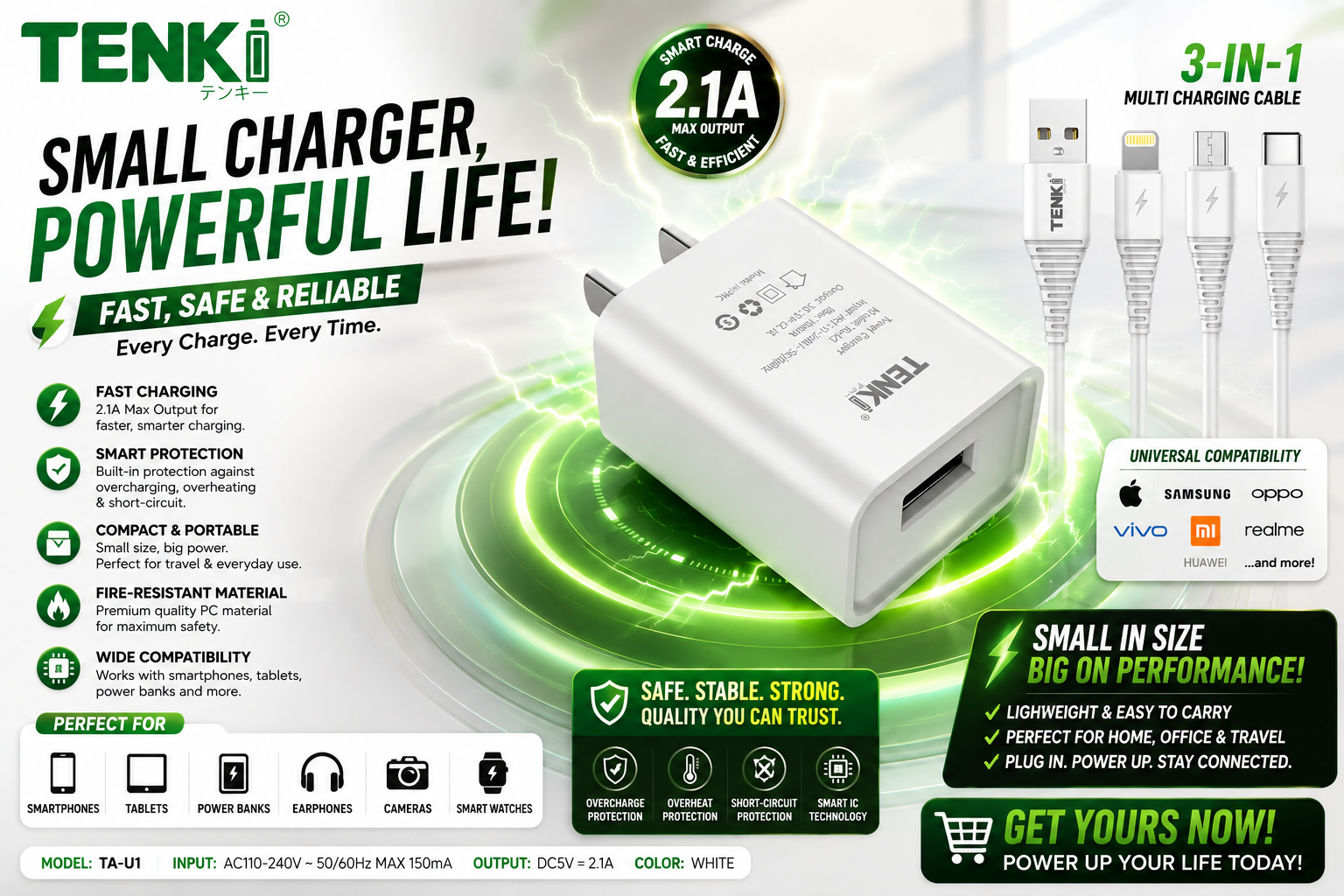TENKI Single Wall Charger Adaptor 3-in-1 (white)