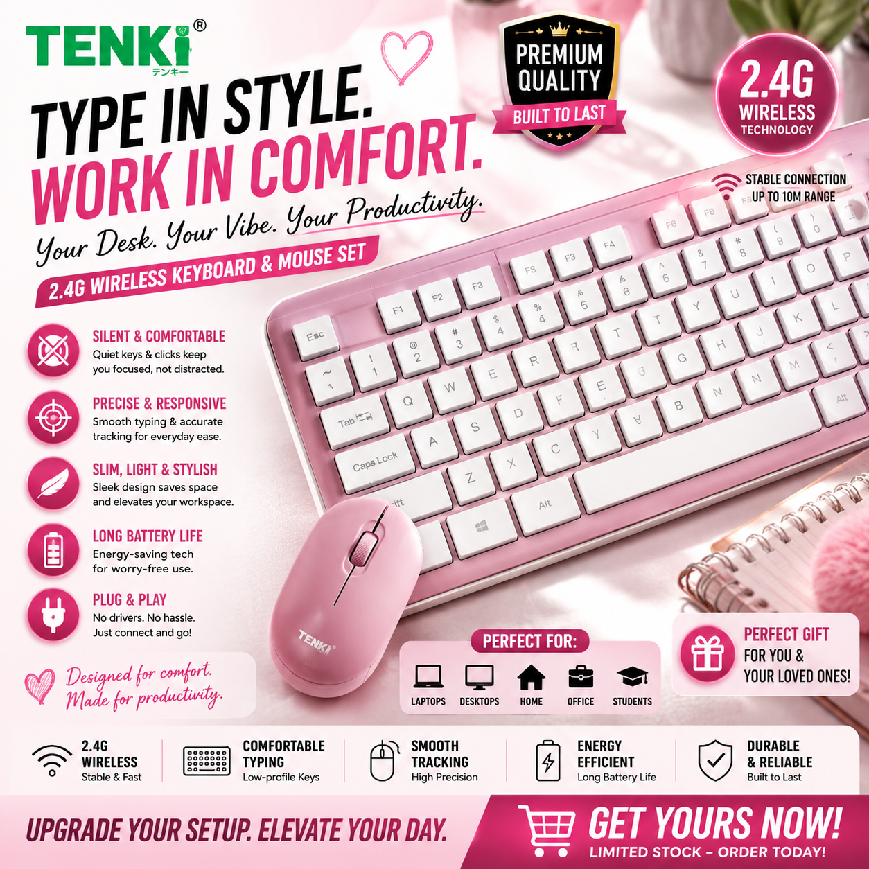 TENKI 2.4G Wireless Keyboard & Mouse Set (pink)