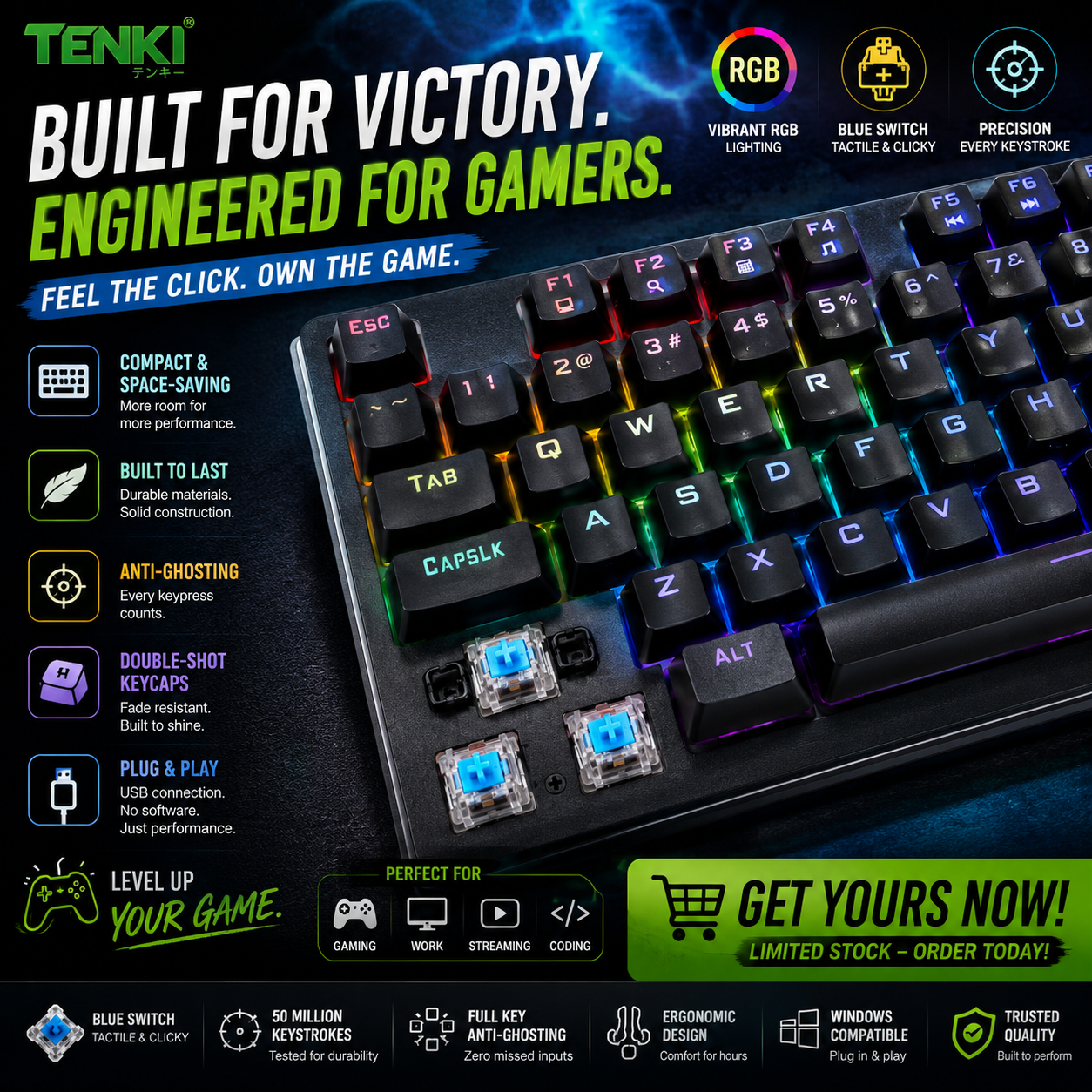 TENKI Mechanical USB Keyboard with Rainbow Backlit