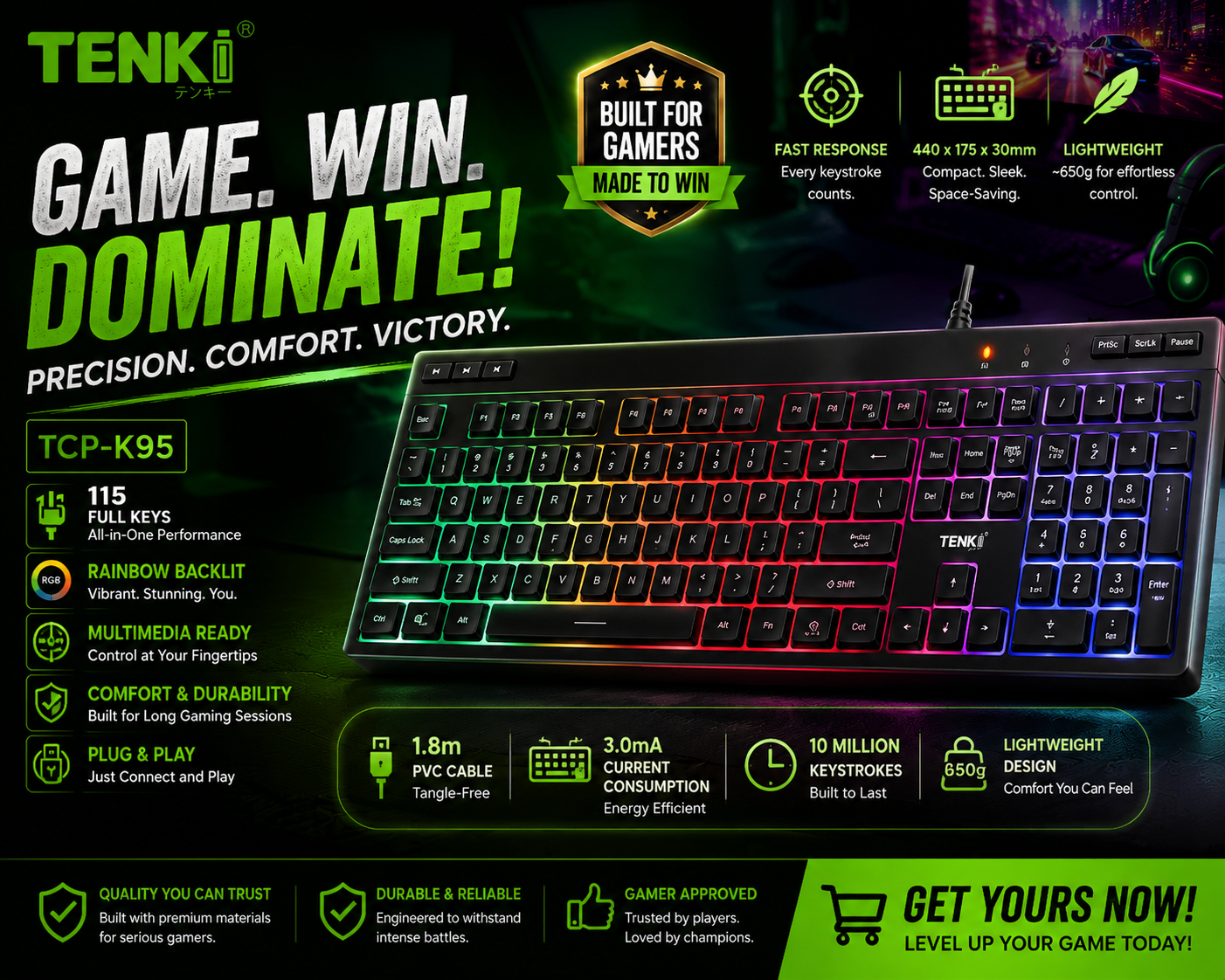 TENKI Black USB Keyboard with Backlit