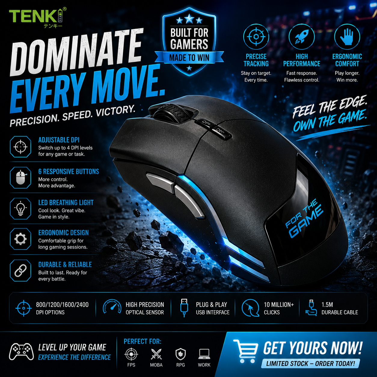 TENKI Ergonomic Gaming USB Mouse