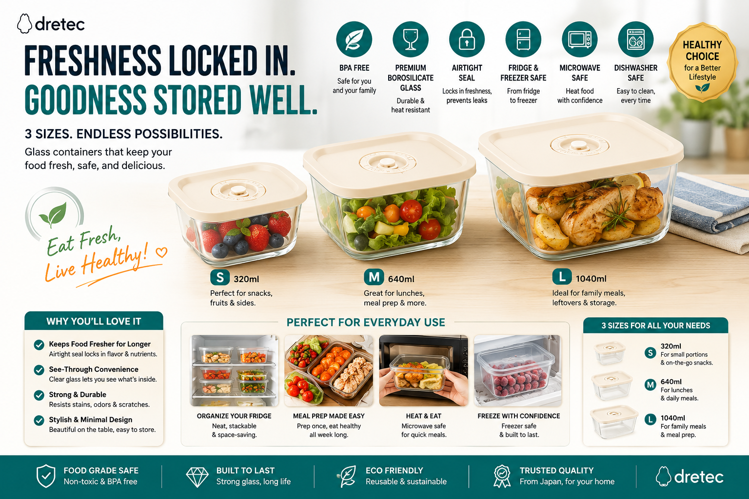 Dretec Food Storage Container Set S/M/L 1pc each
