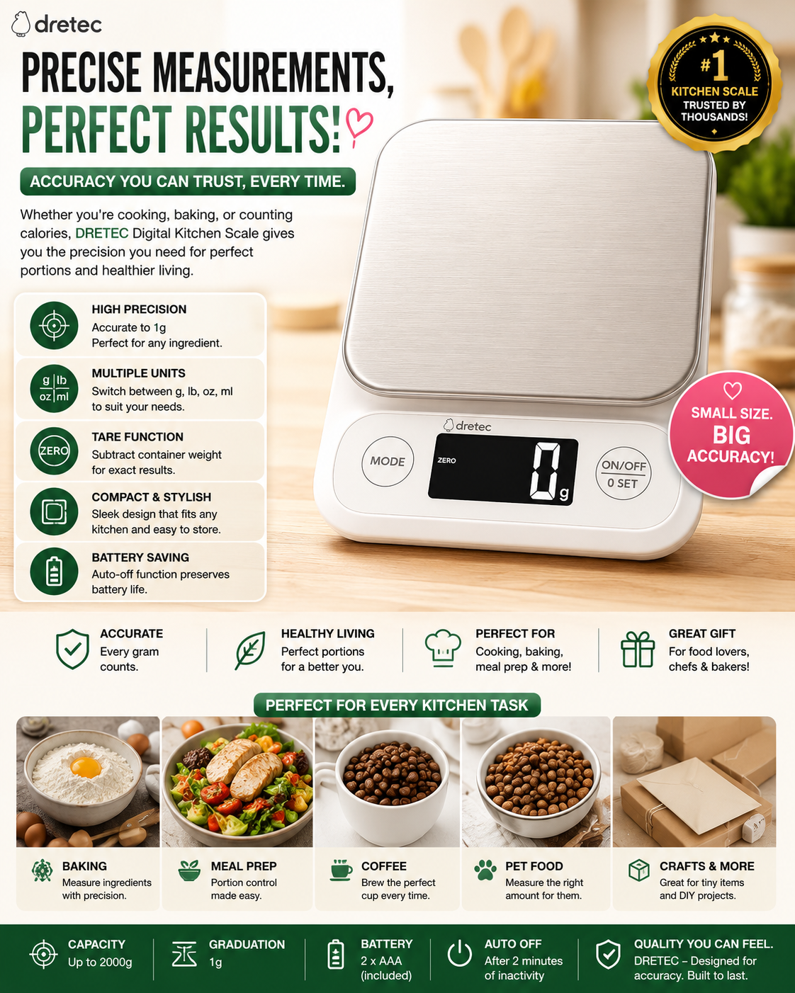Dretec Digital Kitchen Scale 5kg/1G IPX4