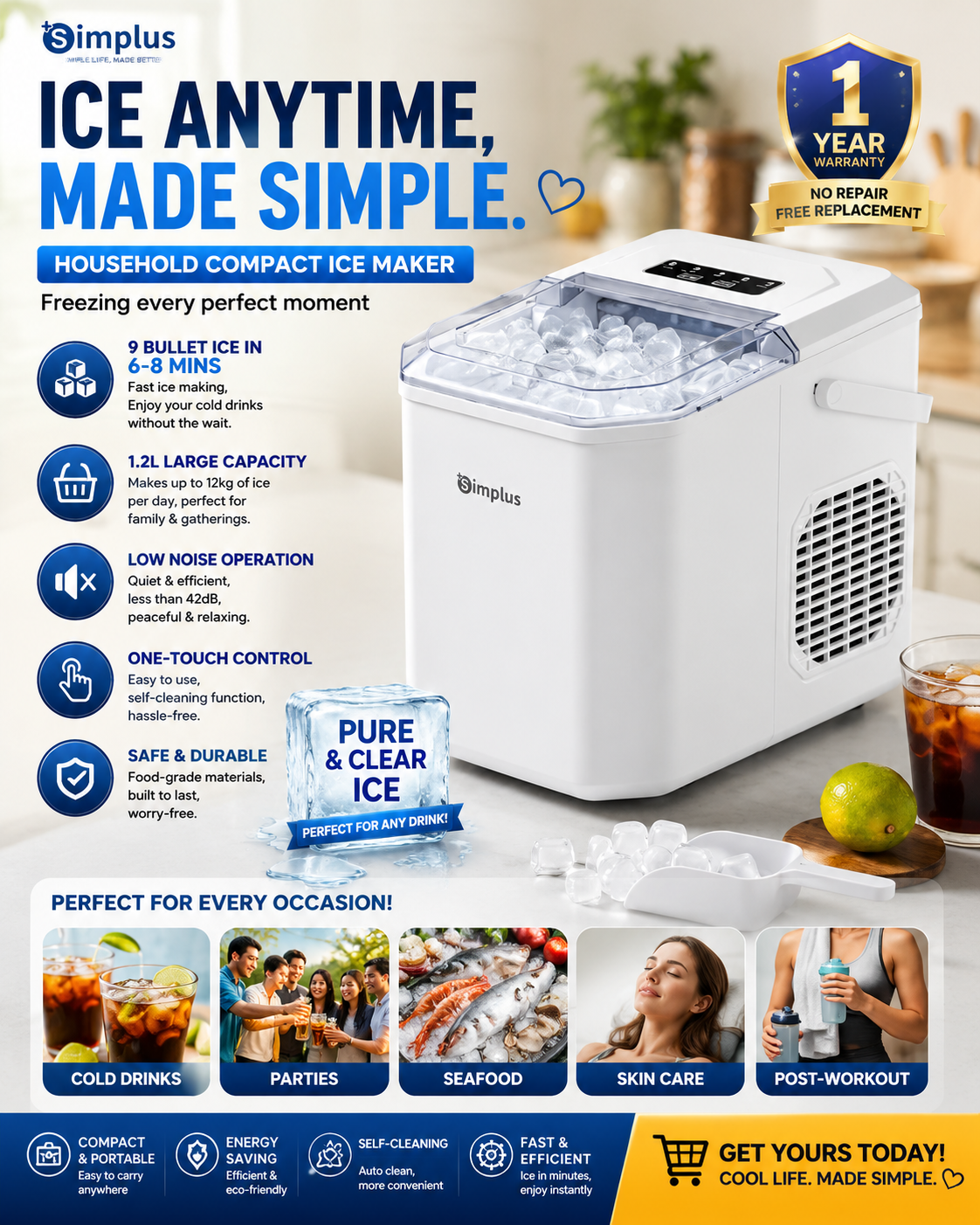 Simplus Compact Ice Maker 1.2L