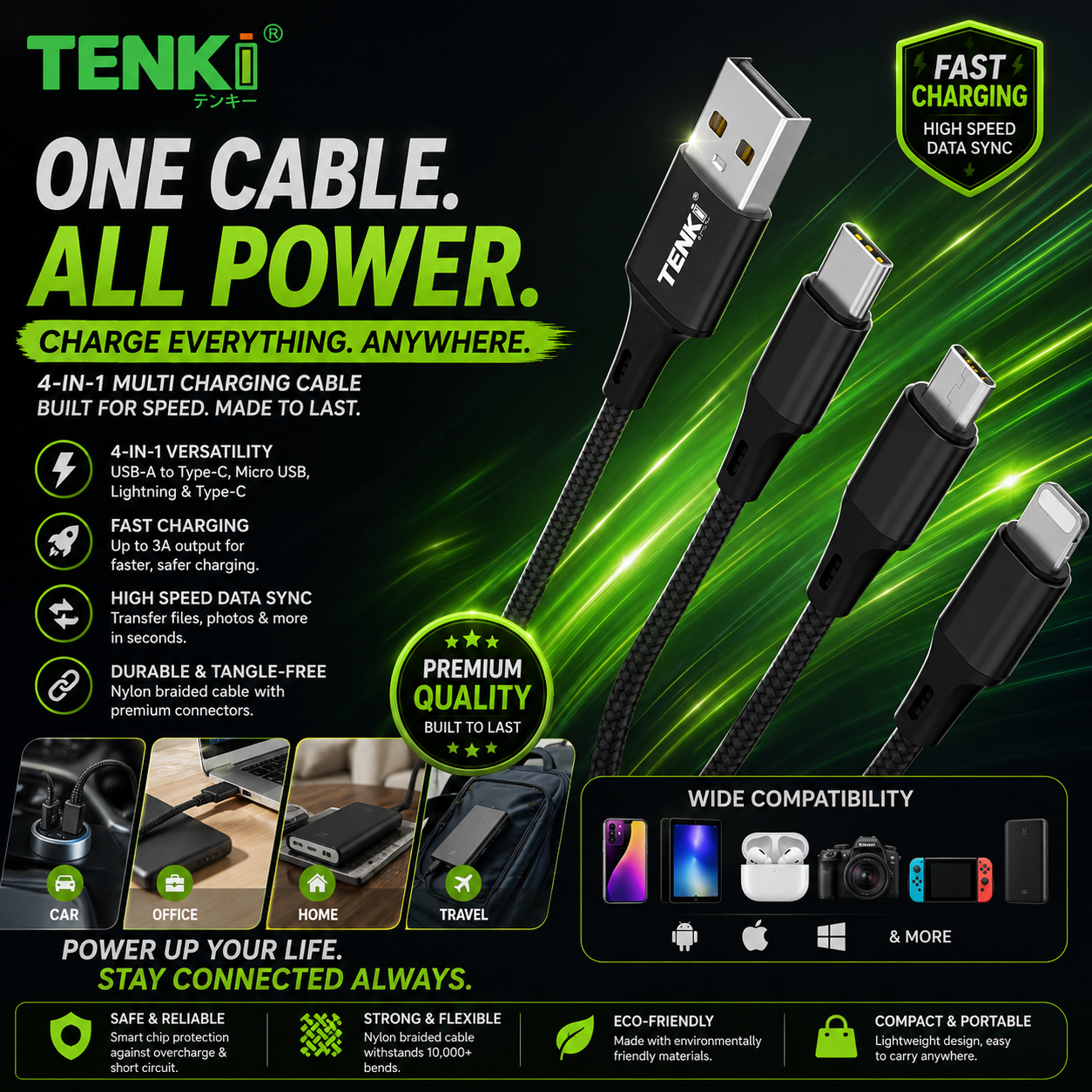 TENKI 3A Quick Charger Type-C 3-in-1 (black)