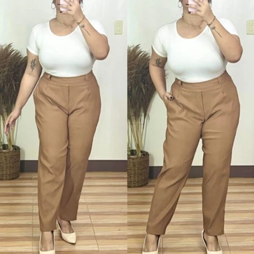 Arspire Fashion Corporate Plus Size High Waist Pull-Up Pants - Apricot