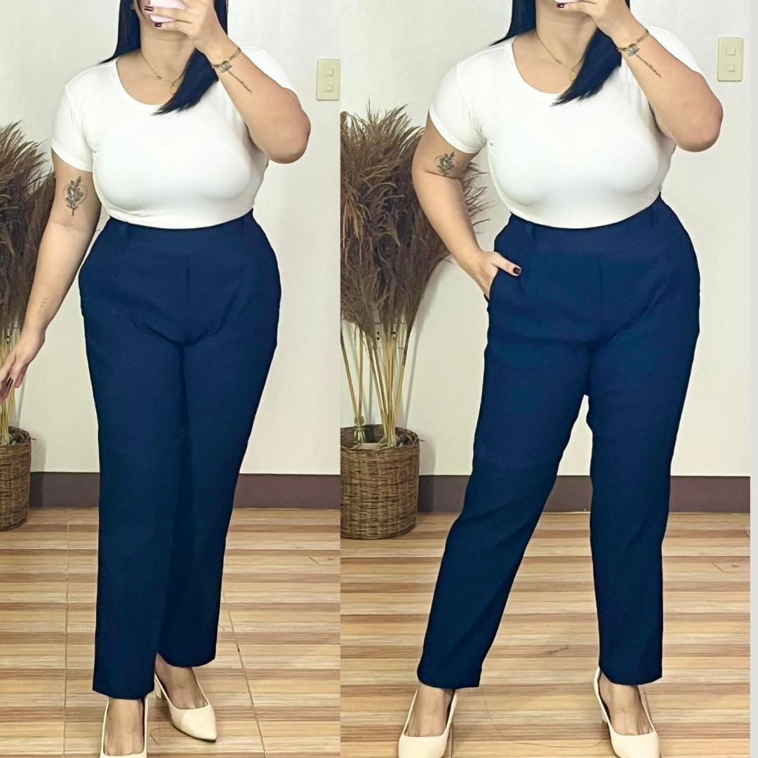 Arspire Fashion Corporate Plus Size High Waist Pull-Up Pants - Navy Blue