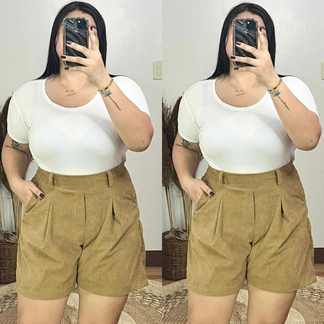 Arspire Fashion Casual Plus Size High Waist Corduroy Shorts with Belt Loops - Khaki