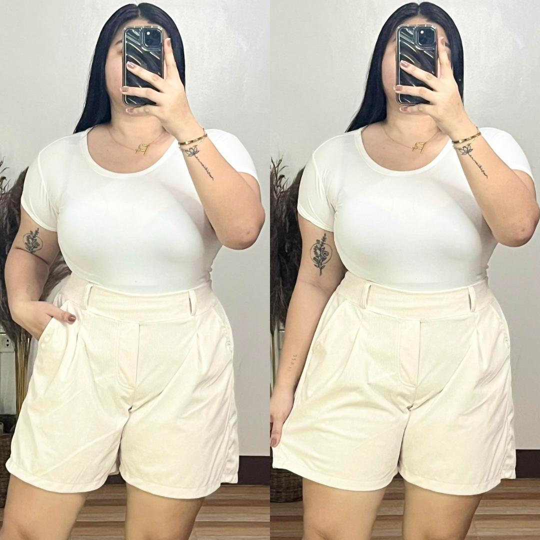 Arspire Fashion Casual Plus Size High Waist Corduroy Shorts with Belt Loops - White