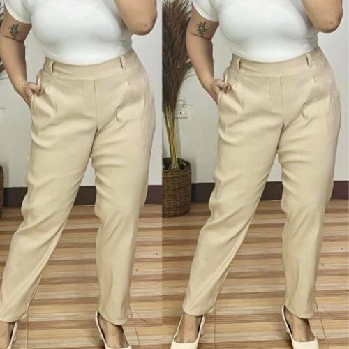 Corporate Plus Size High Waist Pull-Up Pants - Cream