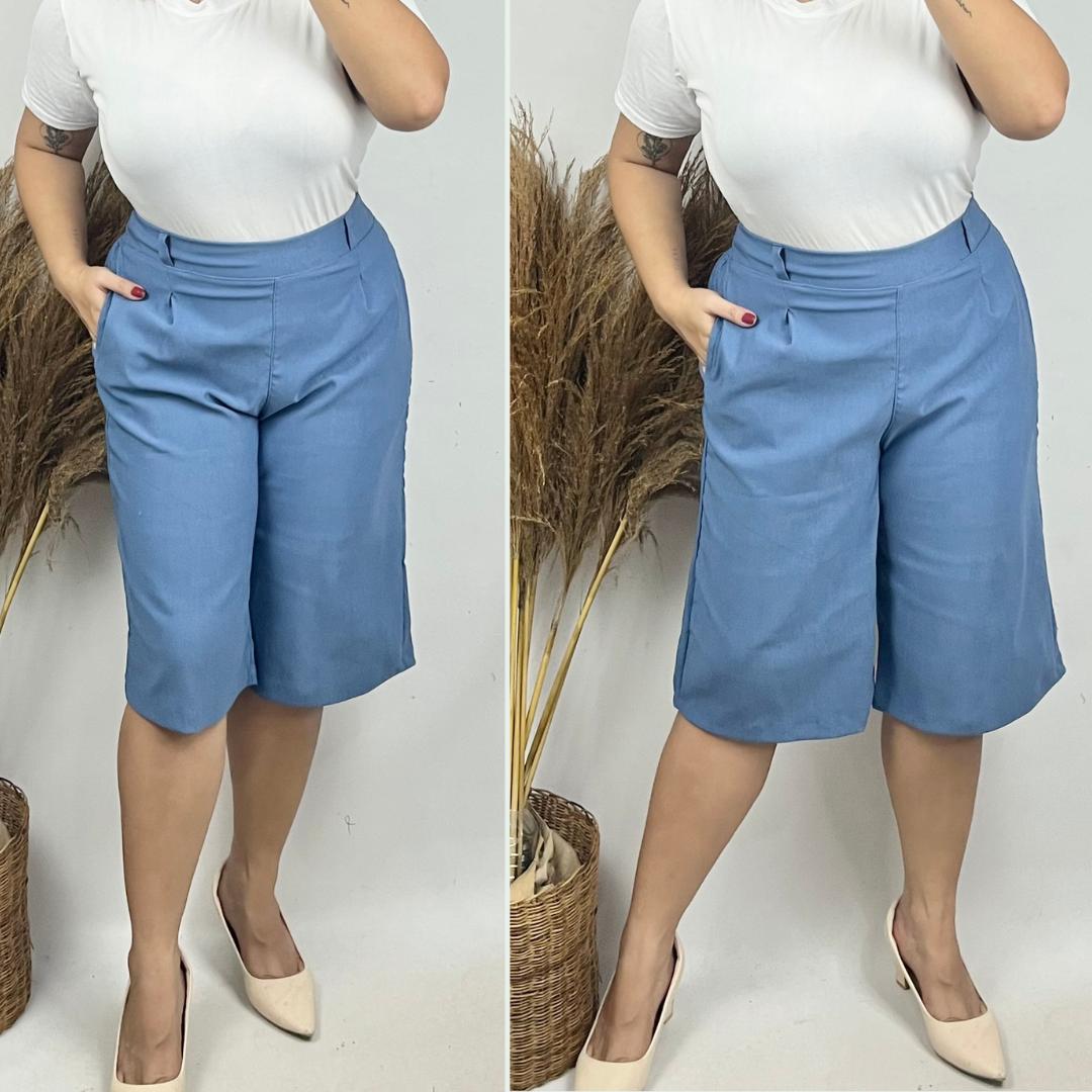 Casual Plus Size Wide Leg Capri Pants - Denim Blue