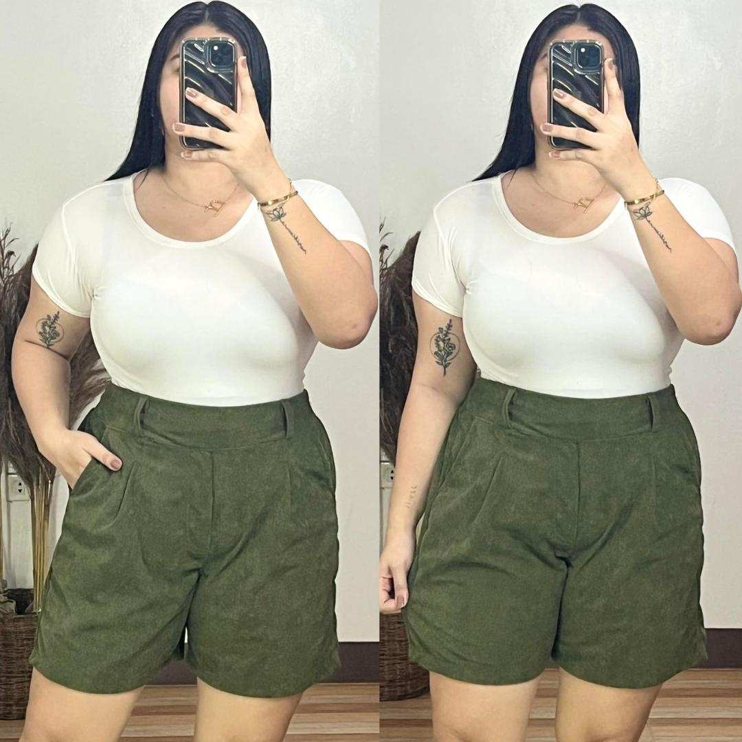 Casual Plus Size High Waist Corduroy Shorts with Belt Loops - Army Green