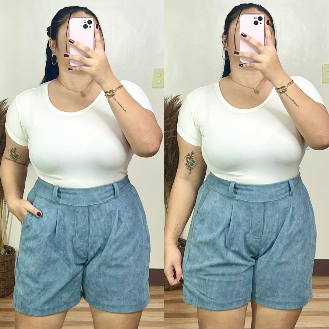 Casual Plus Size High Waist Corduroy Shorts with Belt Loops - Denim Blue