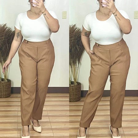 Corporate Plus Size High Waist Pull-Up Pants - Apricot