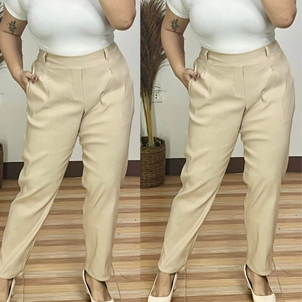 Corporate Plus Size High Waist Pull-Up Pants - Cream