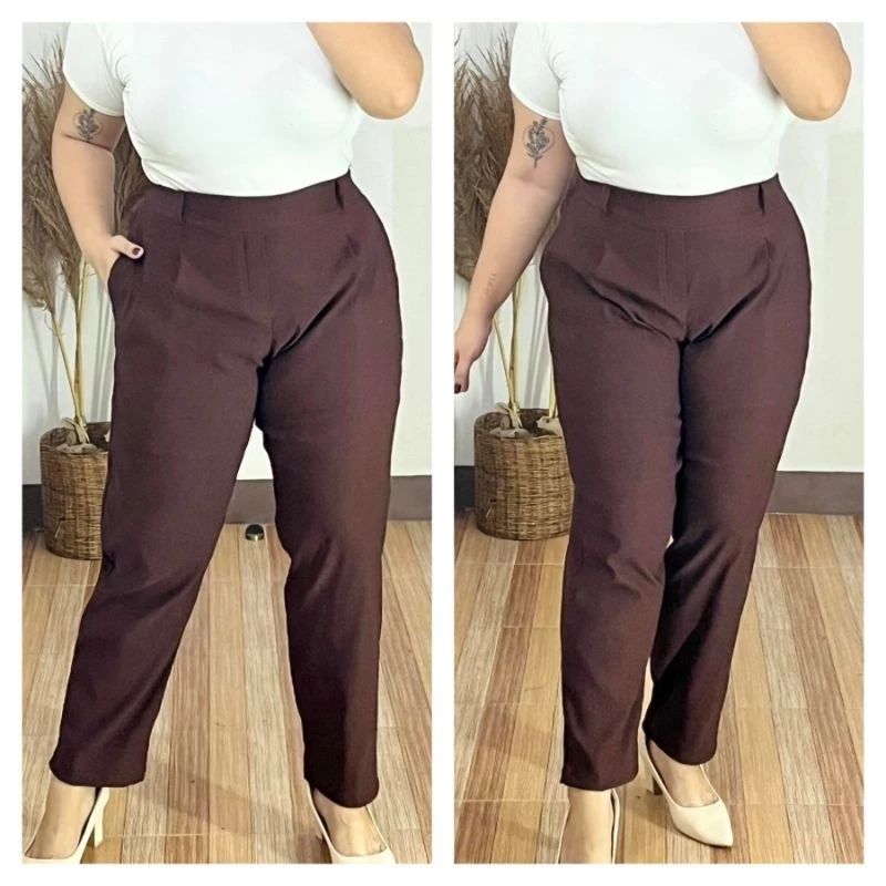 Corporate Plus Size High Waist Pull-Up Pants - Choco Brown
