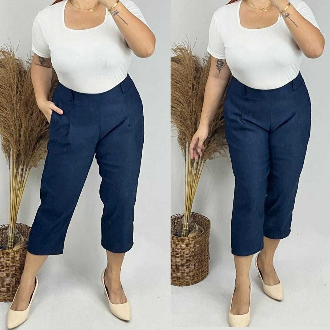Casual Plus Size Cropped Pedal Pants - Navy Blue
